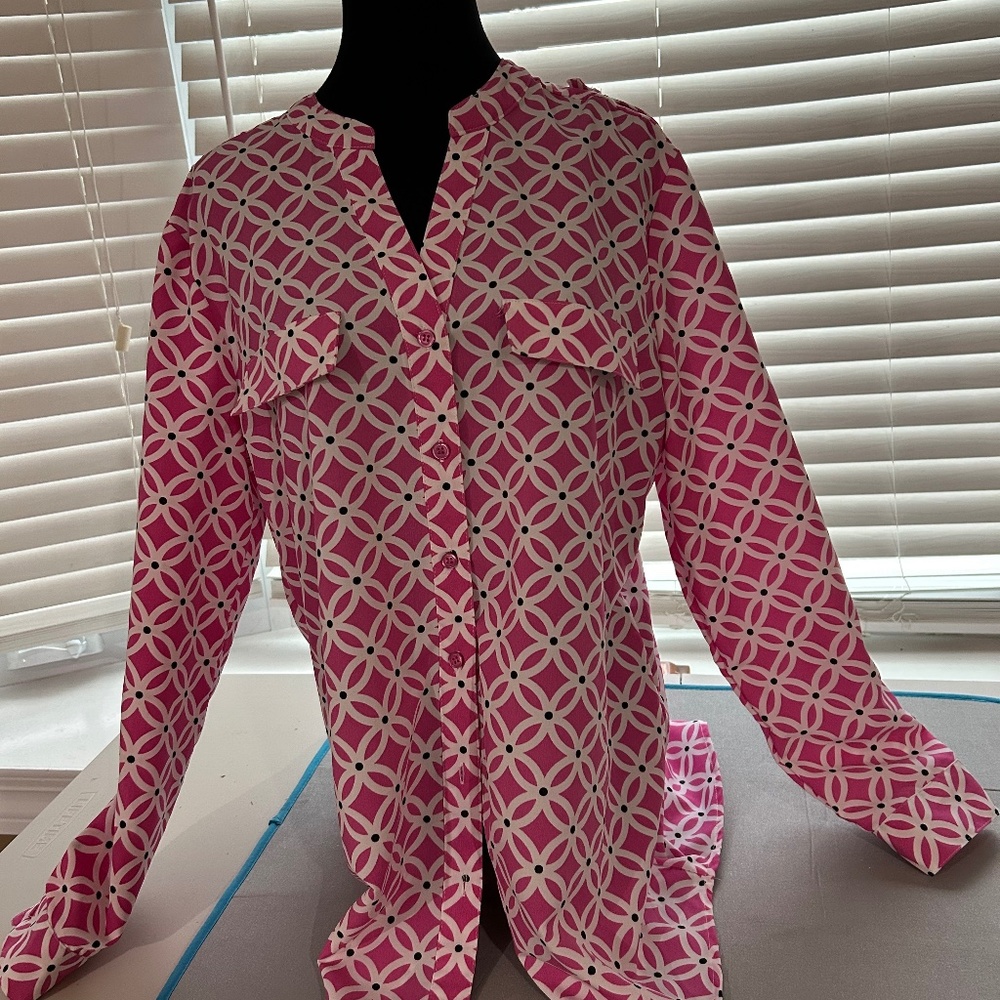 Full button Blouse Top Roll Sleeves Pink Abstract Coastal